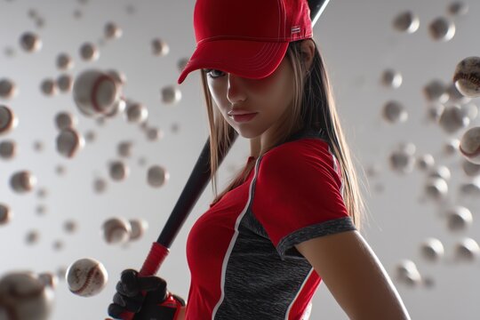 dynamic female baseball player in red uniform with bat and flying baseballs
