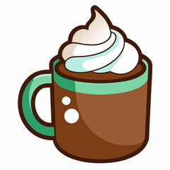 Vector of a hot chocolate mug with marshmallows and whipped cream, on white