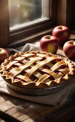 Homemade Apple Pie on Rustic Wooden Table with Fresh Apples and Linen Napkin