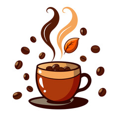 Vector of a steaming coffee cup with beans scattered around, white background