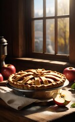 Cozy Country Style Apple Pie with Natural Light and Warm Autumn Atmosphere
