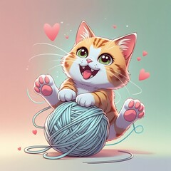 Fototapeta premium A playful chibi cat pouncing on a ball of yarn, eyes wide open with excitement. Its body is small and round, with oversized paws reaching out, tail lifted, and tongue slightly sticking out. The yarn i