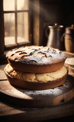 Homemade Sponge Cakes with Powdered Sugar on Rustic Wooden Table