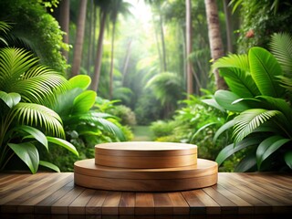 Two round wooden platforms are displayed on a wooden surface in front of a lush green tropical background