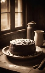 Freshly Baked sponge pie in Warm Home Interior. Sepia style.