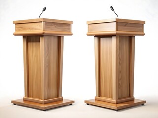 Two identical wooden podiums with microphones are isolated on white background
