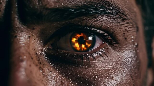 Extreme close-up of human eye reflecting explosion in iris symbolizing war, trauma, and psychological shock