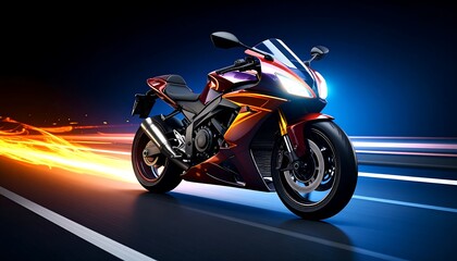 Powerful Sportbike Blazing Down Road at Night with Light Trails.