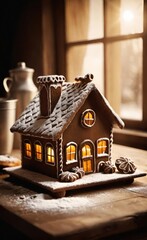 Delicious Homemade Gingerbread House Decorated with Sugar Powder