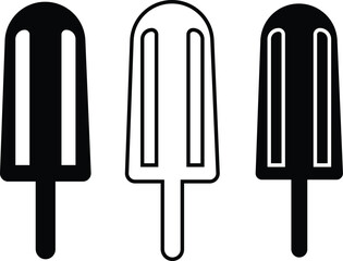 A graphic design featuring three distinct representations of a popsicle. Two is a bold, solid black silhouette, while the other is a clean, white outline.