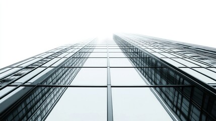 Fototapeta premium Low-angle view of two sleek, glass-fronted skyscrapers reaching towards a bright, overcast sky