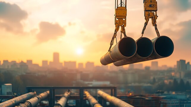 A powerful lattice boom crane hoisting steel pipes with city skyline and branding space
