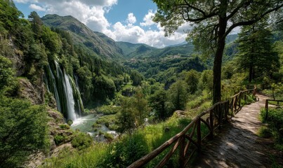 Scenic View of Majestic Waterfall Surrounded by Lush Greenery and Mountains in Bright Blue Sky with Fluffy Clouds in a Peaceful Natural Landscape