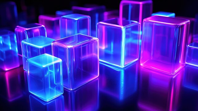 Transparent glowing cubes in neon blue and purple light on a reflective surface, creating a futuristic and abstract digital scene.