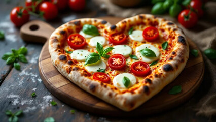 Heart shaped pizza with tomatoes, mozzarella cheese and basil. 