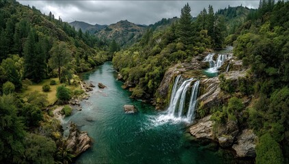Fototapeta premium Serene Cascading Waterfalls Surrounded by Lush Greenery and Majestic Mountains in a Peaceful Natural Landscape