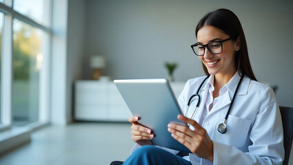 Smiling female doctor wearing glasses and stethoscope uses a tablet computer