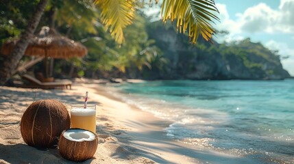 Tropical beach oasis with coconut drinks and swaying palm trees