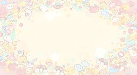 A pastel-colored illustration featuring smiling clouds, rainbows, and cute characters.