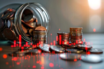 A glass jar overflowing with coins sits beside stacks of coins, with a superimposed red graph illustrating financial growth and investment