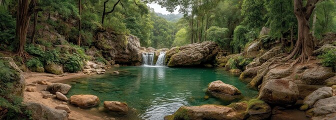 Serene Landscape of Lush Green Forest Surrounding a Tranquil Waterfall and Clear Pool with Smooth Stones in a Peaceful Natural Setting