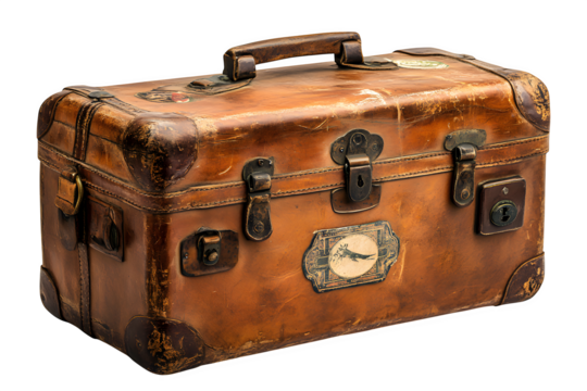 Old leather suitcase with travel stickers nostalgic luggage design isolated on white background
