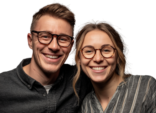 Couple look happily smiling at camera