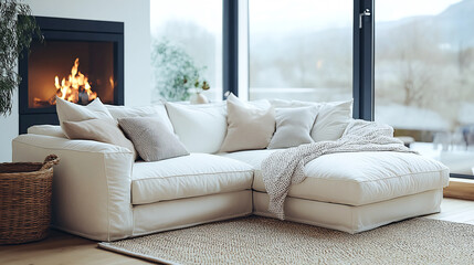 Fototapeta premium White corner sofa near fireplace. Scandinavian home interior design of modern living room