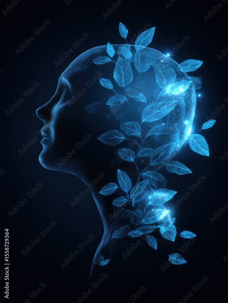 Poster Glowing Mind Icon Surrounded by Leaves Representing Recovery and Renewal in a Serene Environment