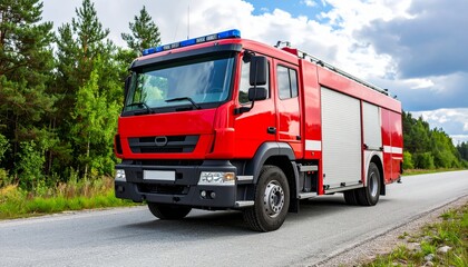 Red Fire Truck on Road with Blue Lights in Forested Area