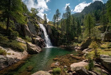 Serene Mountain Landscape with Waterfall and Clear Blue Pool Surrounded by Lush Green Forest and Rocky Terrain Under a Bright Sky