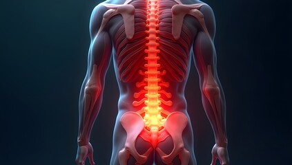 Anatomical image of inflamed lower back muscles and spine under strain. AI-Generated!