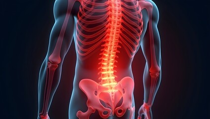 Anatomical image of inflamed lower back muscles and spine under strain. AI-Generated!