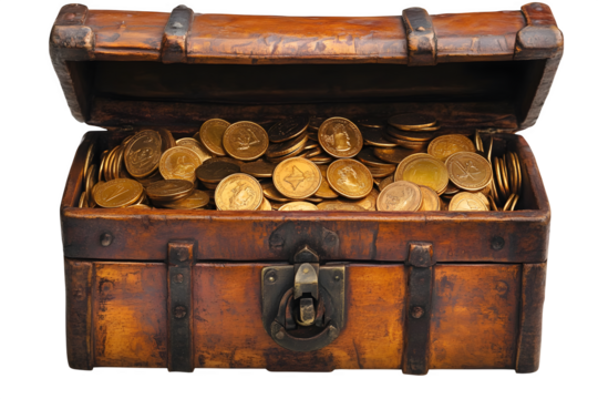 Open treasure chest filled with gold coins fantasy adventure object isolated on white background