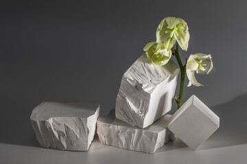 White stones podium, white yucca flowers on gray background with shadows. Minimal empty product presentation demonstration stage.