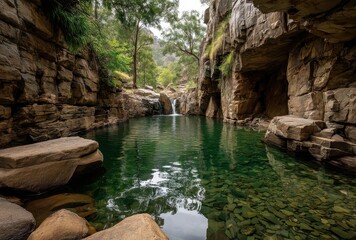 Serene Natural Pool Surrounded by Rocky Cliffs and Lush Greenery in Remote Wilderness Area with Gentle Waterfall and Calm Reflection