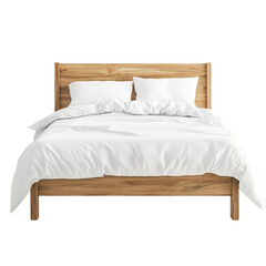 Wooden bed with white bedding and pillows simple bedroom furniture
