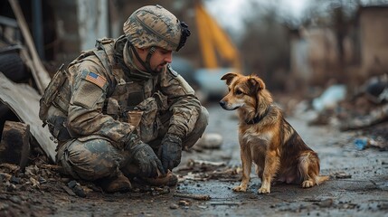 Soldier offers food and shelter to a stray dog in need