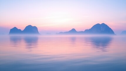 Serene Morning Mist Over Calm Water with Silhouetted Mountains