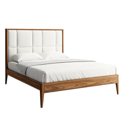 Modern wooden bed with white upholstered headboard and crisp white bedding