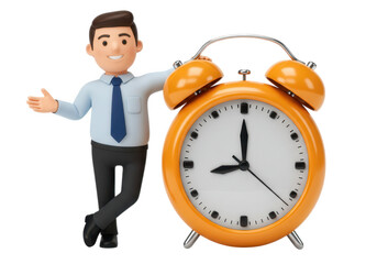 Cartoon man standing next to an alarm clock isolated on transparent background