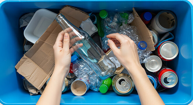 Hands Sorting Recyclables Glass Bottle Cans Plastic in Blue Bin.
