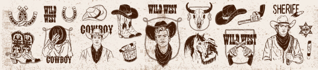 Fototapeta premium Wild West doodle set, vintage cowboy portrait print, hand drawn vector Texas logo, traditional hat. Western t-shirt design, country farm collection, sheriff gun, cowgirl, horse. Retro cowboy doodle