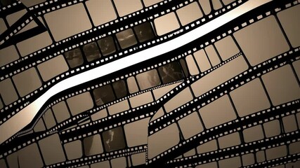 Multiple vintage film strips are intersecting and overlapping, showcasing old photographs in sepia tones, creating a nostalgic and evocative backdrop reminiscent of classic cinema - Powered by Adobe
