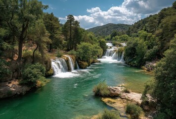 Serene Waterfall Cascade Flowing into Turquoise River Surrounded by Lush Green Trees and Mountainous Landscape Under Bright Blue Sky with Fluffy Clouds