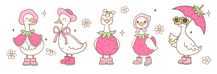 Draw vector banner illustration cute strawberry goose Pink summer Trendy animal Doodle cartoon style