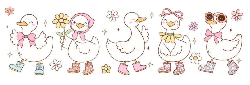 Draw vector banner illustration cute groovy flower goose Pastel spring Trendy animal Doodle cartoon style
