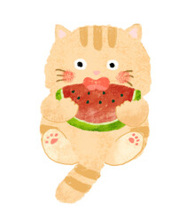 Fototapeta premium スイカを食べるネコのイラスト クレヨンタッチ