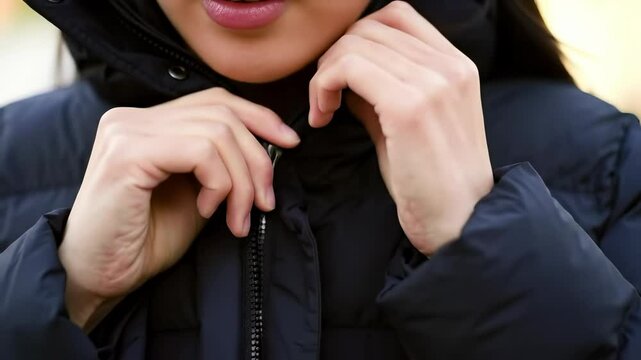 Close-up of an adult Asian woman zipping up her dark puffer jacket outdoors, embodying warmth and practicality for cold winter weather fashion.