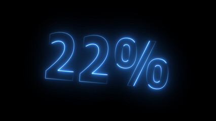 Neon glowing 22 percent icon illustration. on black background. Abstract 22% percent text neon illustration. and creating a stunning 4k illustration.